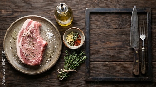 Raw pork chop with fresh spices and cutlery on dark wooden table