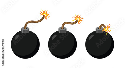 Konstfotografi Three cartoon bombs with lit fuses on a white background