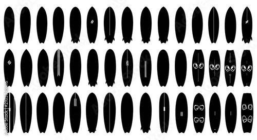 Collection of Surfboard and Wakeboard Silhouettes Set on White Background