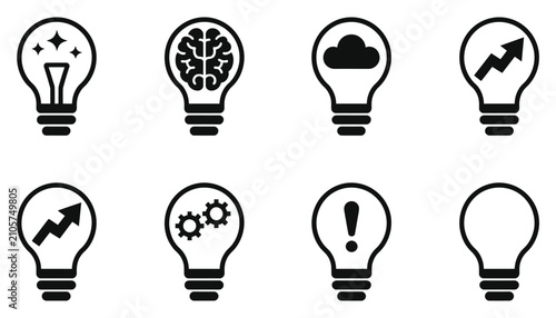 Light bulb idea icon set, innovation and creativity symbols, problem solving, strategic thinking, business development, inspiration concepts, editable vector illustration.