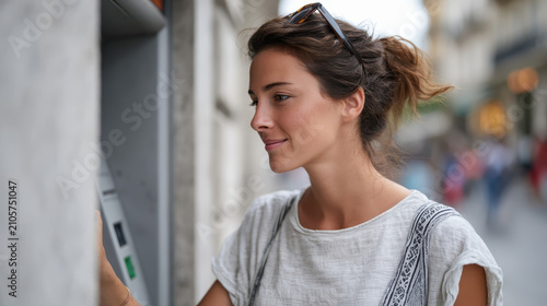 Woman Withdrawing Money at ATM on Busy Street