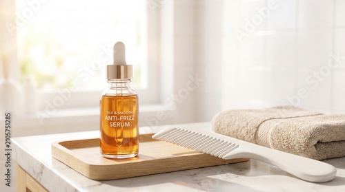 Natural beard oil with grooming brush in a modern bathroom, men's grooming routine, personal care, wellness lifestyle, premium cosmetics.