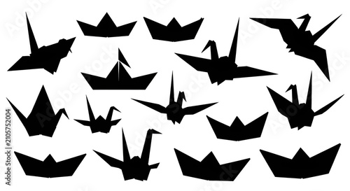 Black Origami Crane and Paper Boat Silhouettes Collection on White Background