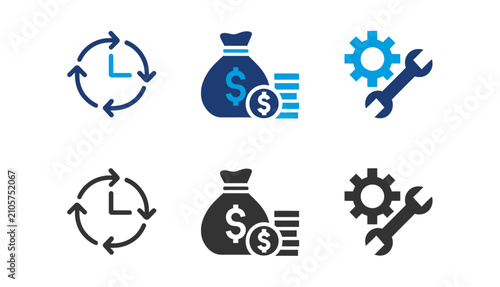 Business operations icon set time management finance and maintenance solutions