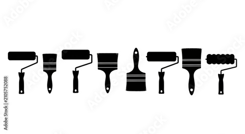 Set of Paint Roller and Brush Silhouettes on White Background