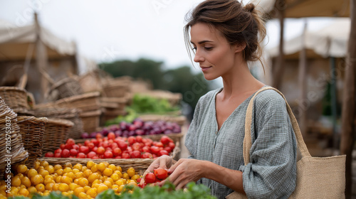 Casual Woman with Tote Bag Shopping for Green Vegetables