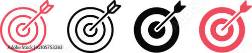 Black and red target bullseye vector icon set featuring flat line art and solid silhouette arrow designs