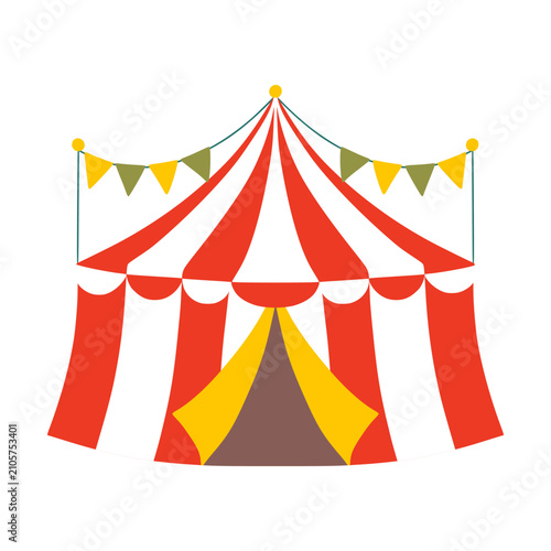 Traditional circus tent with red stripes and bunting