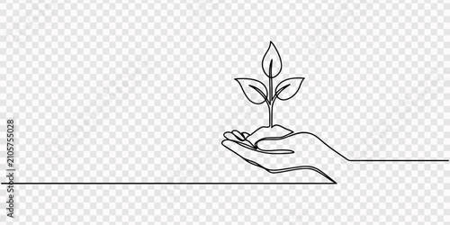 Tableau sur toile Continuous one line drawing of hand holding small plant sprout, minimalist natur