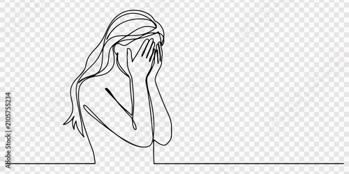Canvastavla Continuous line drawing of a sad woman sitting alone in a simple pose, One line drawing of a sad woman sitting with head in hands