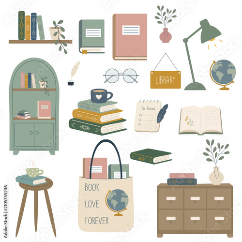 Library and reading essential items flat collection