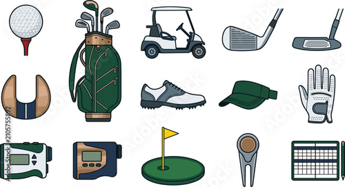 Photos Professional Golf Equipment and Accessories Vector Icon Set Featuring Golf Cart,