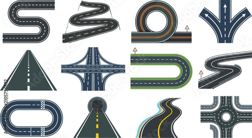 Foto Winding Asphalt Road and Highway Intersection Vector Icon Set with Curved Street