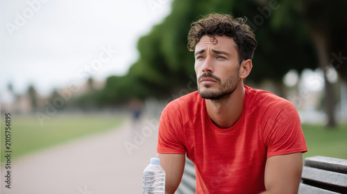 Exhausted Male Jogger Sitting on Park Bench