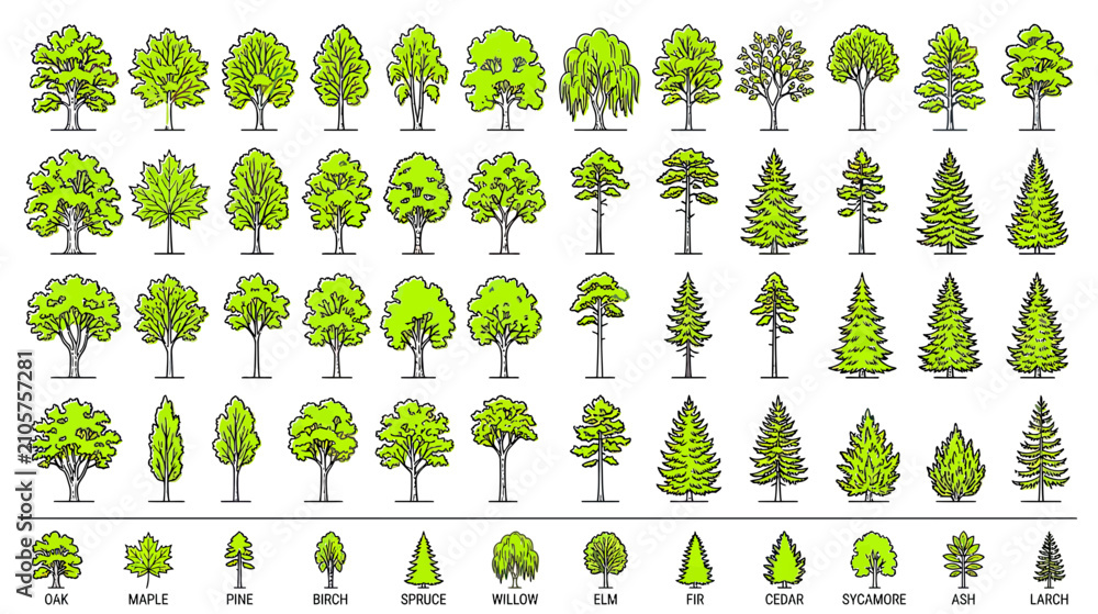 Fototapeta premium Collection of Hand-Drawn Trees in Various Styles