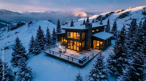 Modern luxury cabin with warm lights in snowy mountain landscape