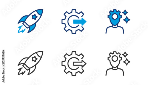 Startup growth icons rocket launch process optimization and innovation strategy visuals