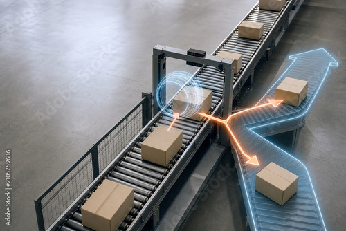 Warehouse parcel sorting conveyor with route overlay
