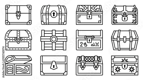 Fotografi Set of Various Vintage Treasure Chests and Antique Wooden Trunks Line Icons