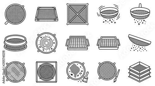 фотографія Vector Line Art Icon Set of Sieve and Sifter Tools for Industrial and Kitchen Us