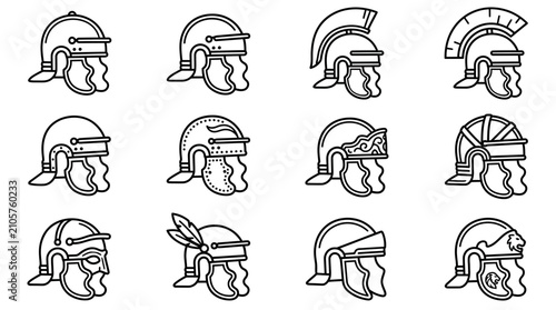 Cuadro en lienzo Set of Ancient Warrior Helmet Line Art Icons Representing Roman and Greek Histor