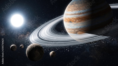 Large ringed gas giant planet with multiple moons in deep space near a bright star