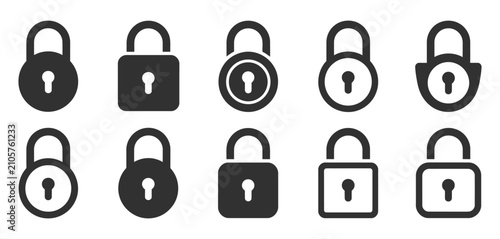 Lock icon set, padlock and security symbols, protection and privacy signs, secure access graphics, editable vector illustration.