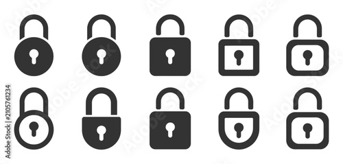 Lock icon set, padlock and security symbols, protection and privacy signs, secure access graphics, editable vector illustration.