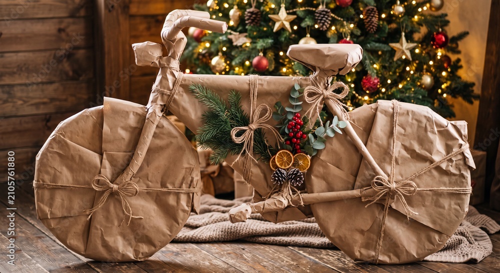 Obraz premium A full size bicycle wrapped entirely in eco friendly kraft paper and twine stands as a surprise Christmas present before a tree.