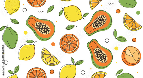 Fresh and vibrant seamless pattern of whole and sliced tropical fruits like papaya oranges and lemons on a clean white background.