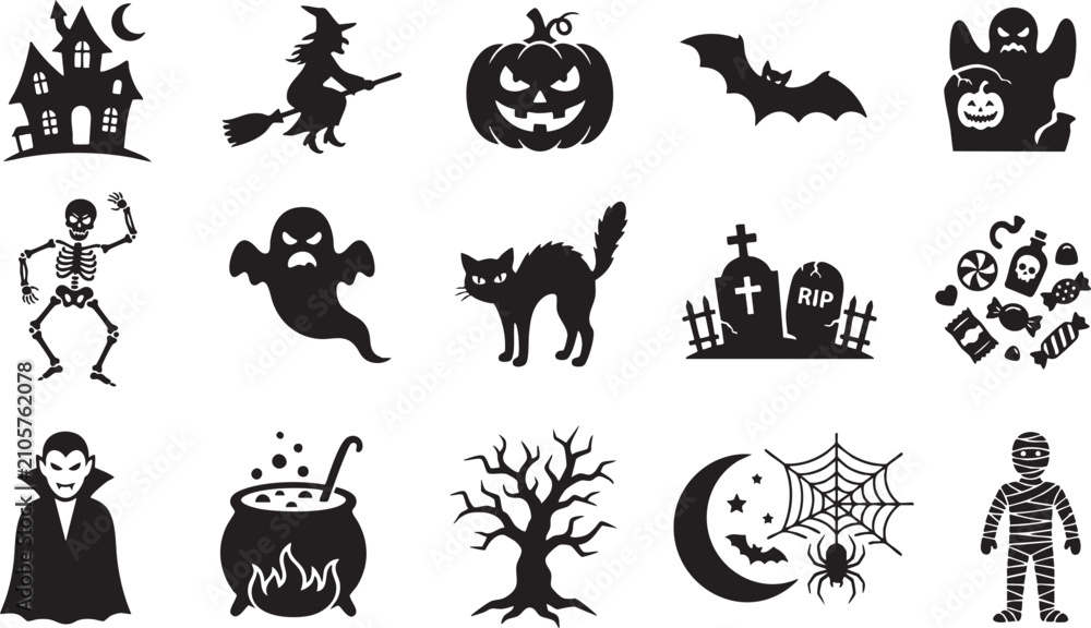 Fototapeta premium Spooky halloween icons collection ghosts skeletons pumpkins witches more for festive designs