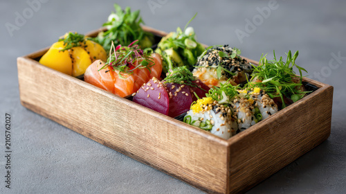 Side View of Fresh Portioned Japanese Bento Dishes