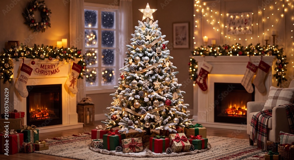 Obraz premium A grand luxury living room elegantly decorated for Christmas featuring a massive illuminated Christmas tree in center flanked by two cozy burning fireplaces