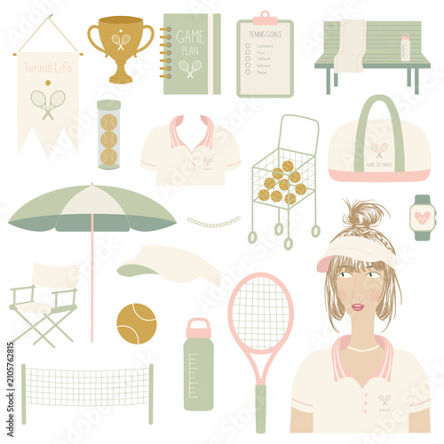 Tennis lifestyle items presenting sport equipment and accessories