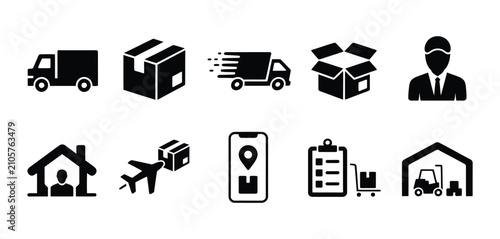 Logistics and delivery icon set, shipping, transportation and package symbols, solid courier service graphics, editable vector illustration.
