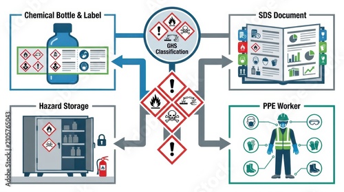 Visual guide shows GHS pictograms and details for chemical safety compliance, including storage, labeling, and worker protection measures.