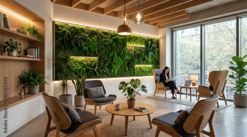 Fototapeta premium Aesthetic interior of a quiet corporate lounge, ergonomic wooden furniture, modular moss acoustic wall panels, soft ambient lighting, biophilic office design