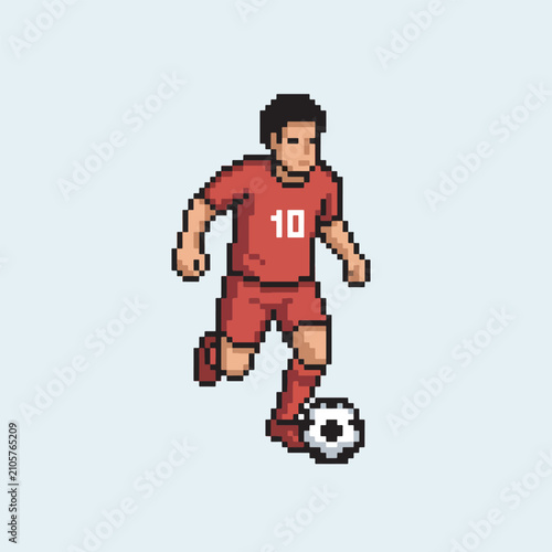 Pixel art soccer player in red uniform dribbling a ball.
