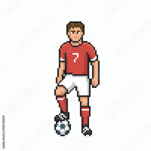 Pixelated Soccer Player Standing with Ball.