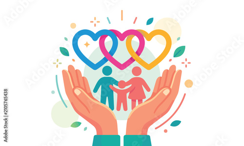 Foto Family care concept with supportive hands interlinked hearts and colorful backgr