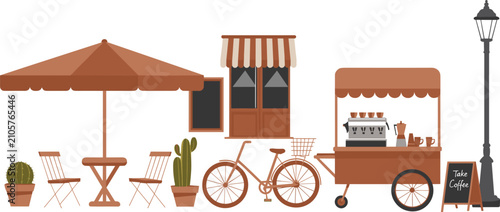 Outdoor street cafe set with coffee cart, umbrella seating, bicycle, window awning, street lamp, and blackboard vector