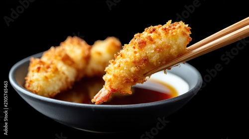 Side View of Tempura Shrimp Being Dipped in Sauce