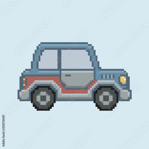 Pixel Art Blue Car Illustration.