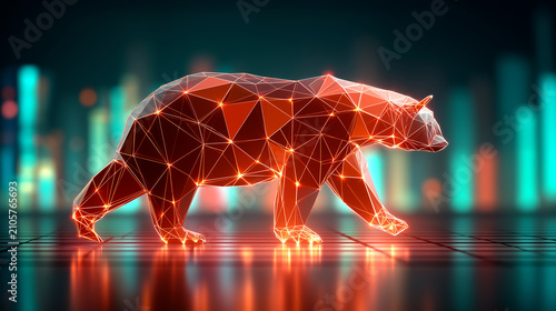 Stock exchange,trading,financial,digital wireframe bear walking on a grid floor against a glowing, symbolizing a bearish stock market,bear market.