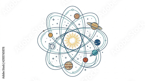 Foto Colorful Atomic Structure with Planets and Orbits.