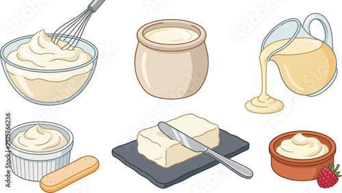 Fotografie Dairy Cream Collection with Whipped Cream Sour Cream Butter Condensed Milk Masca