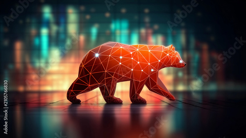 Stock exchange,trading,financial,digital wireframe bear walking on a grid floor against a glowing, symbolizing a bearish stock market,bear market.