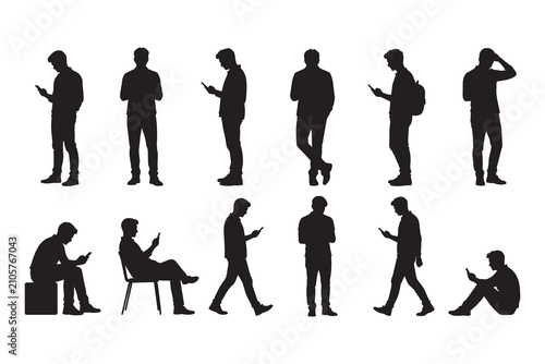 Silhouettes of men using mobile phones in different poses
