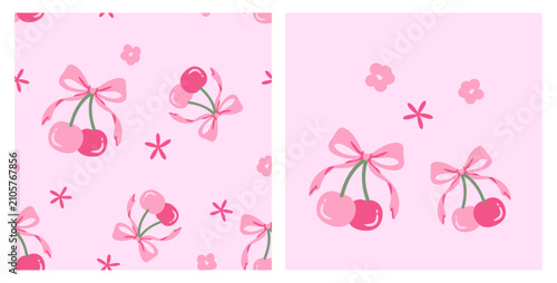 Cute seamless cherry pattern featuring sweet pink cherries tied with elegant ribbon bows and tiny flowers in hand drawn flat vector style for fabric, wrapping paper, nursery decor, wallpaper, and text