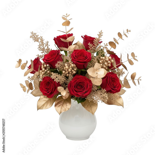 A stunning arrangement of vibrant red roses accented with metallic gold foliage in a white vase isolated on transparent background